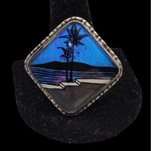 Blue Morpho Butterfly Wing Brooch Tropical Island Scene Sterling Silver Art Deco